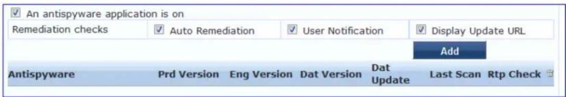 ✓ An antispyware application is on Remediation checks ✓ Auto Remediation ✓ User Notification ✓ Display Update URL Add Antispyware Prd Version Eng Version Dat Version Dat Update Last Scan Rtp Check