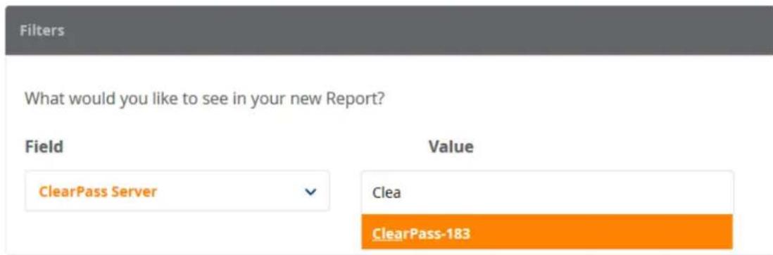 Filters What would you like to see in your new Report? Field Value ClearPass Server Clea ClearPass-183