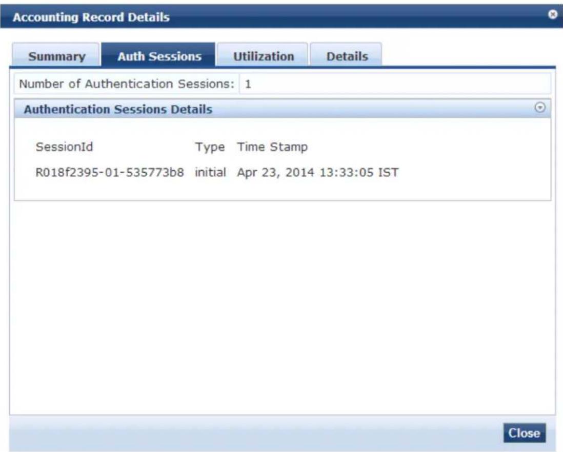 Accounting Record Details Summary Auth Sessions Utilization Details Number of Authentication Sessions: 1 Authentication Sessions Details SessionId Type Time Stamp R018f2395-01-535773b8 initial Apr 23, 2014 13:33:05 IST Close