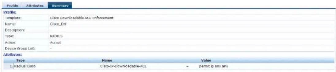 Profile Attributes Summary Profile: Template: Cisco Downloadable ACL Enforcement Name: Cisco_Emf Description: Type: RADIUS Action: Accept Device Group List: - Attributes: Type Name Value L: Radius: Cisco Cisco-IP-Downloadable-ACL - permit ip any any