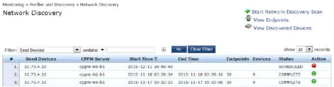 Monitoring > Profiler and Discovery > Network Discovery Network Discovery Start Network Discovery Scan View Endpoints View Discovered Devices Filter: Seed Devices contains Go Clear Filter Show 10 records Seed Devices CPPM Server Start Time End Time Endpoints Devices Status Action 1. 10.73.4.10 cppm-66-b1 2015-12-11 16:49:49 SCHEDULED 2. 10.73.4.10 cppm-66-b1 2015-11-18 03:28:34 2015-11-18 03:29:16 39 COMPLETE 3. 10.73.4.10 cppm-66-b1 2015-11-17 19:32:23 2015-11-17 19:33:05 39 COMPLETE