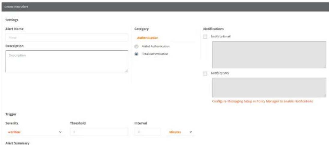 Create New Alert Settings Alert Name Name Description Description Category Authentication Failed Authentication Total Authentication Notifications Notify by Email Notify by SMS Configure Messaging Setup in Policy Manager to enable Notifications Trigger Severity Threshold Interval Critical Minutes Alert Summary