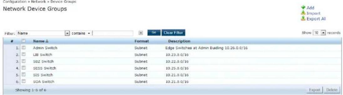 Configuration > Network > Device Groups Network Device Groups Filter: Name contains Go Clear Filter Show 10 records Name △ Format Description 1. Admin Switch Subnet Edge Switches at Admin Building 10.26.0.0/16 2. LIB Switch Subnet 10.23.0.0/16 3. SBZ Switch Subnet 10.22.0.0/16 4. SE55 Switch Subnet 10.25.0.0/16 5. SIS Switch Subnet 10.21.0.0/16 6. SDA Switch Subnet 10.21.0.0/16 Showing 1-6 of 6 Export Delete