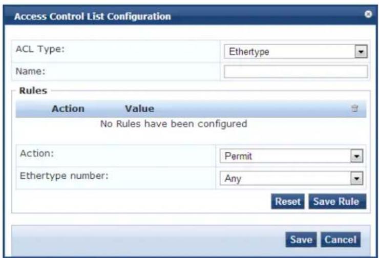Access Control List Configuration ACL Type: Ethertype Name: Rules Action Value No Rules have been configured Action: Permit Ethertype number: Any Reset Save Rule Save Cancel