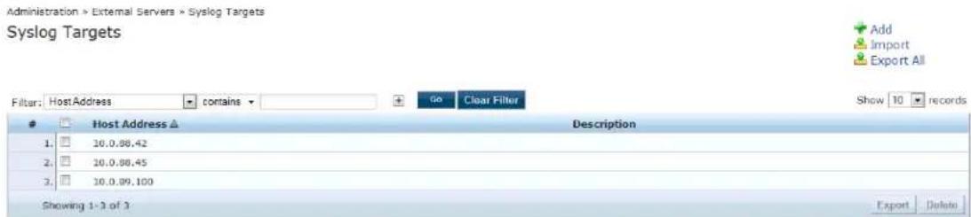 Administration > External Servers > Syslog Targets Syslog Targets Add Import Export All Filter: Host Address contains Go Clear Filter Show 10 records Host Address ▲ Description 1. 10.0.88.42 2. 10.0.88.45 3. 10.0.89.100 Showing 1-3 of 3 Export Delete
