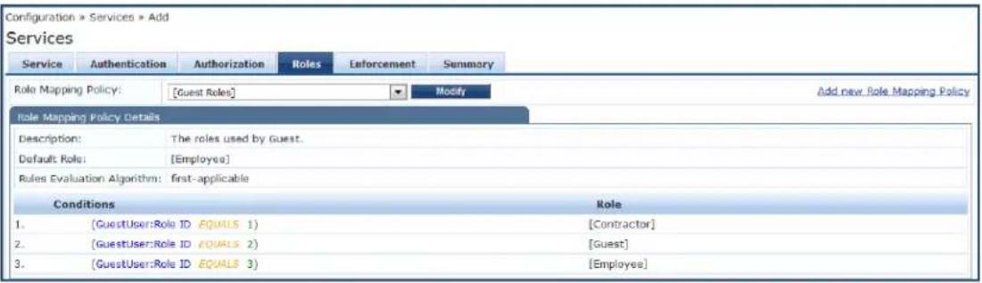 Configuration » Services » Add Services Service Authentication Authorization Roles Enforcement Summary Role Mapping Policy: [Guest Roles] Modify Add new Role Mapping Policy Role Mapping Policy Details Description: The roles used by Guest. Default Role: [Employee] Rules Evaluation Algorithm: first-applicable Conditions Role 1. (GuestUser:Role ID EQUALS 1) [Contractor] 2. (GuestUser:Role ID EQUALS 2) [Guest] 3. (GuestUser:Role ID EQUALS 3) [Employee]