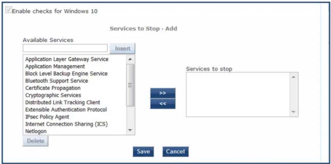 Enable checks for Windows 10 Services to Stop - Add Available Services Insert Application Layer Gateway Service Application Management Block Level Backup Engine Service Bluetooth Support Service Certificate Propagation Cryptographic Services Distributed Link Tracking Client Extensible Authentication Protocol IPsec Policy Agent Internet Connection Sharing (ICS) Netlogon Delete >>> << Services to stop Save Cancel
