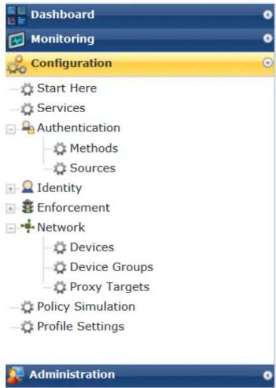 Dashboard Monitoring Configuration Start Here Services Authentication Methods Sources Identity Enforcement Network Devices Device Groups Proxy Targets Policy Simulation Profile Settings Administration