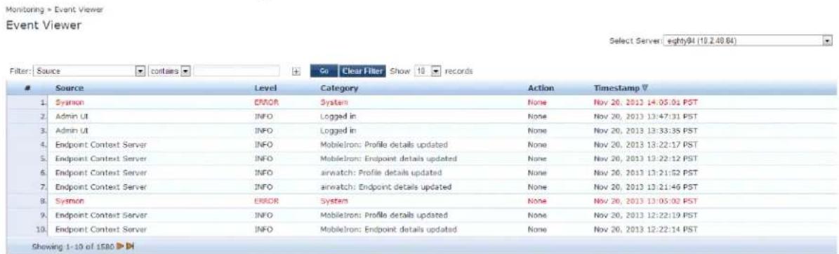 Monitoring - Event Viewer Event Viewer Select Server: eighty84 (10.2.49.84) Filter: Source contains Go Clear Filter Show 10 records Source Level Category Action Timestamp V 1. Sysmon ERROR System None Nov 20, 2013 14:05:01 PST 2. Admin UI INFO Logged in None Nov 20, 2013 13:47:31 PST 3. Admin UI INFO Logged in None Nov 20, 2013 13:33:35 PST 4. Endpoint Context Server INFO MobileIron: Profile details updated None Nov 20, 2013 13:22:17 PST 5. Endpoint Context Server INFO MobileIron: Endpoint details updated None Nov 20, 2013 13:22:12 PST 6. Endpoint Context Server INFO airwatch: Profile details updated None Nov 20, 2013 13:21:52 PST 7. Endpoint Context Server INFO airwatch: Endpoint details updated None Nov 20, 2013 13:21:46 PST 8. Sysmon ERROR System None Nov 20, 2013 13:05:02 PST 9. Endpoint Context Server INFO MobileIron: Profile details updated None Nov 20, 2013 12:22:19 PST 10. Endpoint Context Server INFO MobileIron: Endpoint details updated None Nov 20, 2013 12:22:14 PST Showing 1-10 of 1580 ▶D
