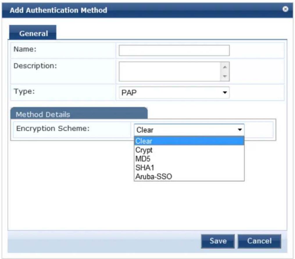 Add Authentication Method General Name: Description: Type: PAP Method Details Encryption Scheme: Clear Clear Crypt MD5 SHA1 Aruba-SSO Save Cancel