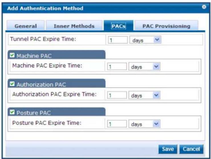 Add Authentication Method General Inner Methods PACs PAC Provisioning Tunnel PAC Expire Time: 1(days ✓ Machine PAC Machine PAC Expire Time: 1(days ✓ Authorization PAC Authorization PAC Expire Time: 1(days ✓ Posture PAC Posture PAC Expire Time: 1(days Save Cancel