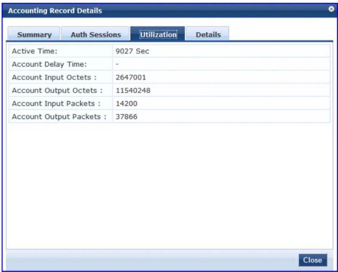 Accounting Record Details Summary Auth Sessions Utilization Details Active Time: 9027 Sec Account Delay Time: - Account Input Octets : 2647001 Account Output Octets : 11540248 Account Input Packets : 14200 Account Output Packets : 37866 Close
