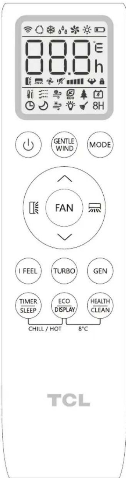 88.0° 88.0h GENTLE WIND MODE FAN I FEEL TURBO GEN TIMER ECO HEALTH SLEEP DISPLAY CLEAN CHILL / HOT 8°C TCL