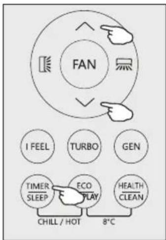FAN I FEEL TURBO GEN TIMER FCO HEALTH SLEEP PLAY CLEAN CHILL / HOT 8°C