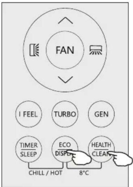FAN I FEEL TURBO GEN TIMER SLEEP ECO DISPLAY HEALTH CLEAN CHILL / HOT 8°C