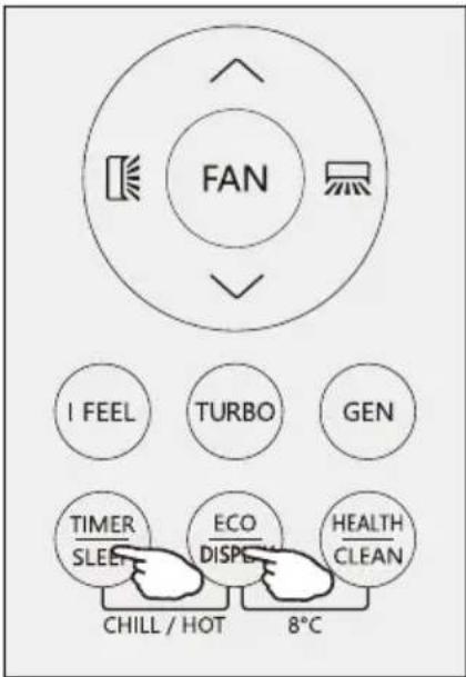 FAN I FEEL TURBO GEN TIMER ECO HEALTH SLEEP DISPE CLEAN CHILL / HOT 8°C
