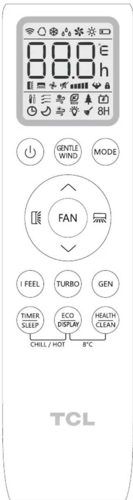 88.0° 88.0h GENTLE WIND MODE FAN I FEEL TURBO GEN TIMER SLEEP ECO DISPLAY HEALTH CLEAN CHILL / HOT 8°C TCL