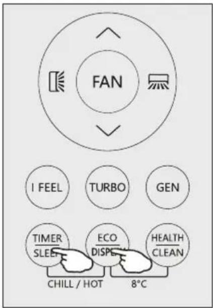 FAN I FEEL TURBO GEN TIMER SLEEP ECO DISPE HEALTH CLEAN CHILL / HOT 8°C
