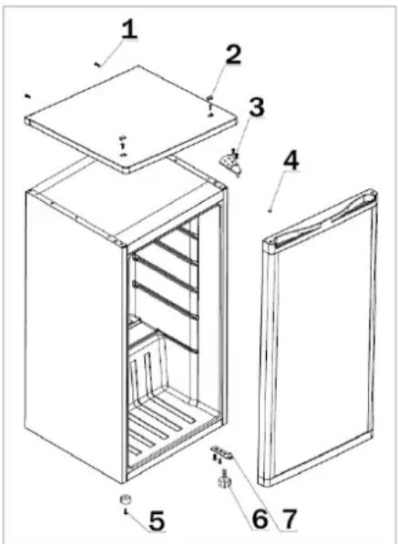 Technical diagram of an open refrigerator with numbered parts for identification