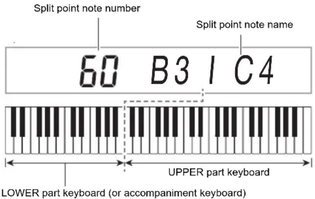 Split point note number Split point note name 60 B3 I C4 UPPER part keyboard LOWER part keyboard (or accompaniment keyboard)