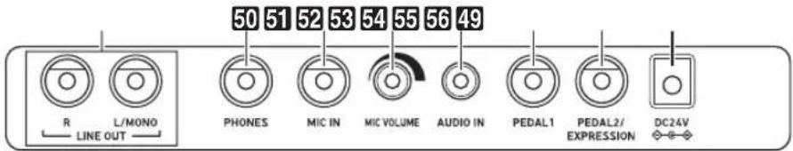 50 51 52 53 54 55 56 49 R L/MONO PHONES MIC IN MIC VOLUME AUDIO IN PEDAL1 PEDAL2/ EXPRESSION DC24V LINE OUT