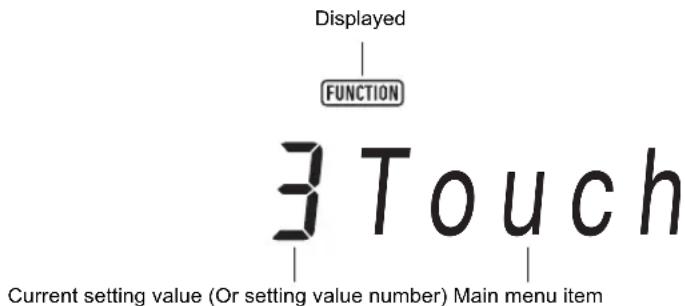 Displayed FUNCTION 3 Touch Current setting value (Or setting value number) Main menu item
