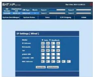 SAT/IP File 1 No: 2014.12.08.53 IP Abgltzum USB USB Type Class Sens1 Sens2 Sens3 System Usatzungen System Status Tener U/W Dningung Admin IP Settings [ Wired ] Mode: © Auto © Readback IP Address: 100 100 100 100 Rikksmater: 200 200 200 200 Ior: 100 100 100 100 grisie/100 unwidade/100 MAC Address: 100 100 100 100 Extension Functionality