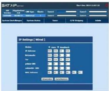 SAT/IP settings File 1 Dec 2014 13:07:32 SAT/IP System Abg USB Type Client Server1 Server2 Server3 System System Status Server S/N Switching Admin IP Settings [ Wind ] Medium IP Address Rikemonte Far ptrdnr URS valdndsr URS MAC Address Auto Bluetooth Accessories Distributions