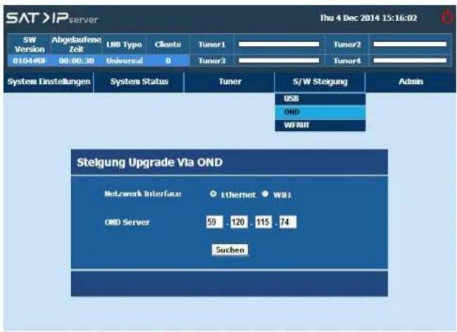 SAT >IP server Thu 4 Dec 2014 15:16:02 SW Abgelaufene LNB Type Clients Tuner1 Tunor2 Version Zelt Universal 0 Tumor3 Tumor4 0104-00F 00:00:30 System Einstellungen System Status Tuner S/W Steigung Admin USB OND WFRUIT Steligung Upgrade Via OND Network Interface Ethernet WBI OND Server 59 .120 .115 .74 Suchen