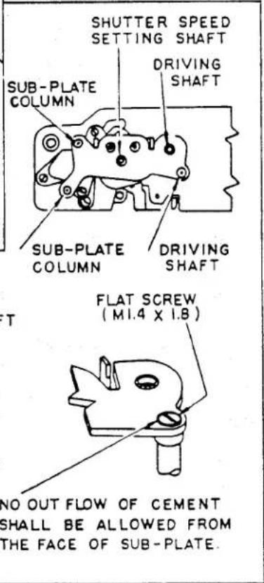SHUTTER SPEED SETTING SHAFT DRIVING SHAFT SUB-PLATE COLUMN SUB-PLATE COLUMN DRIVING SHAFT T FLAT SCREW (MI.4 X 1.8) NO OUT FLOW OF CEMENT SHALL BE ALLOWED FROM THE FACE OF SUB-PLATE.