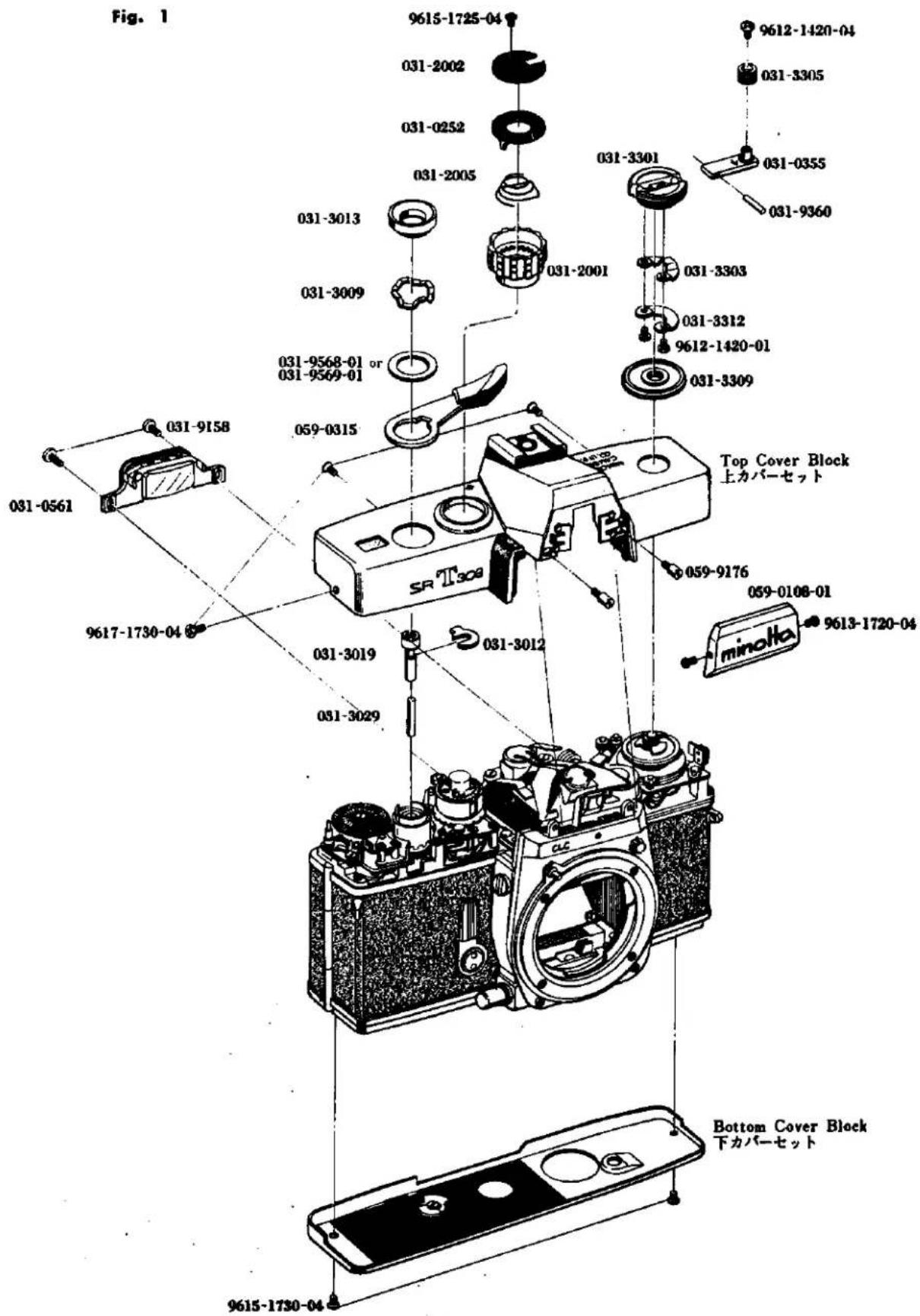 Fig. 1 9615-1725-04 031-2002 031-0252 031-2005 031-3013 031-3009 031-9568-01 or 031-9569-01 031-3001 031-3301 031-3303 031-3312 9612-1420-01 031-9360 031-9158 031-0561 SR T309 Top Cover Block 上カバーセット 059-0315 059-9176 059-0108-01 minokka 9613-1720-04 031-3019 031-3012 031-3029 9617-1730-04 Bottom Cover Block 下カバーセット 9615-1730-04