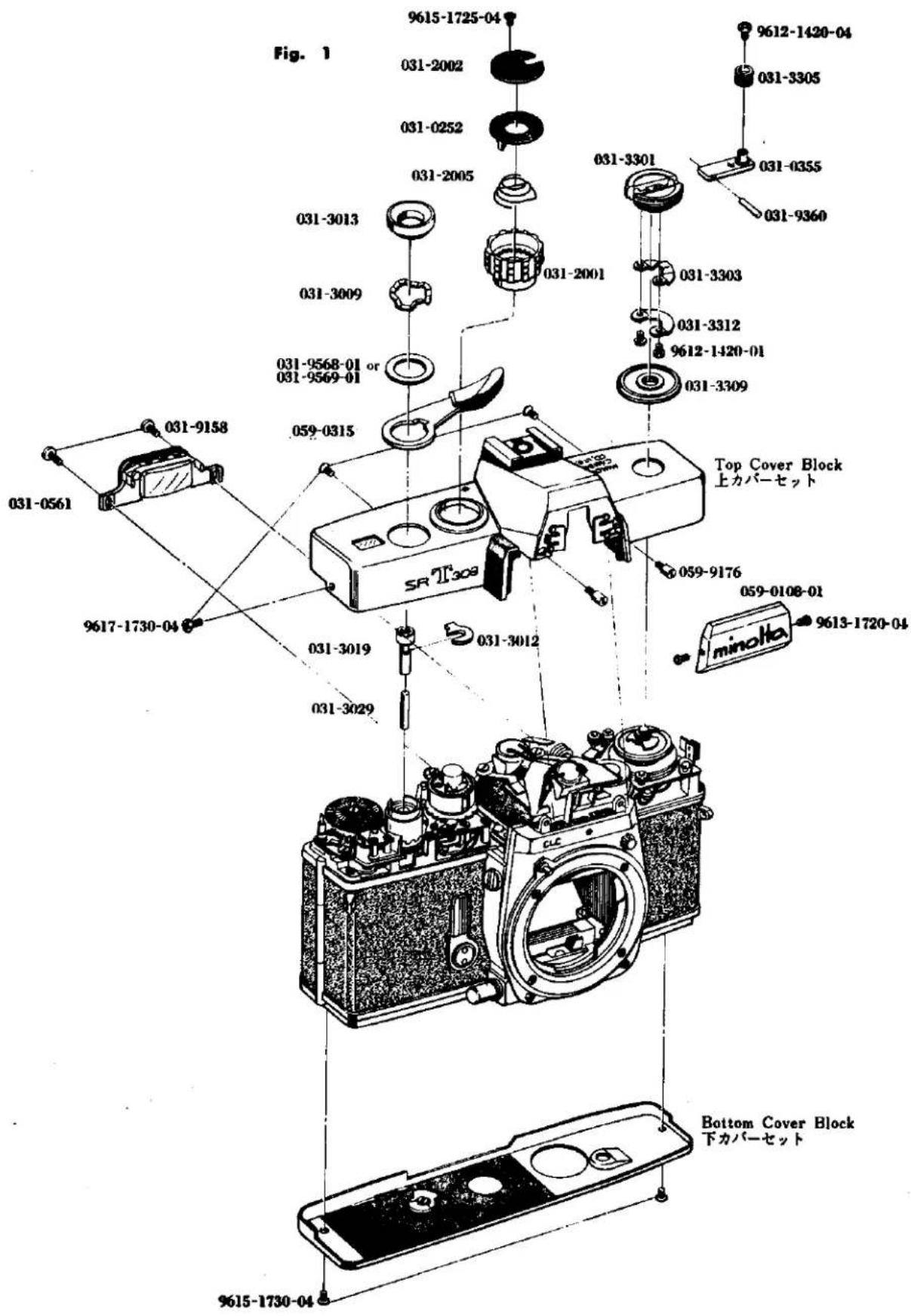 Fig. 1 9615-1725-04 031-2002 031-0252 031-2005 031-3013 031-3009 031-9568-01 or 031-9569-01 031-3015 031-3301 031-2001 031-3303 031-3312 9612-1420-01 031-3309 Top Cover Block 上カバーセット SR T308 059-9158 031-0561 031-3019 031-3029 059-9176 059-0108-01 minokka 9613-1720-04 Bottom Cover Block 下カバーセット 9615-1730-04