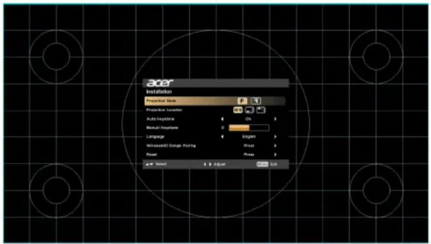 acer Installation Projection Mode Projection Lesferer Auto Heightline On Manual Keyframe 0 Language English WineasedO Dough-Pairing Press Reset Press Select Adjust Cut