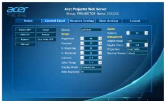 Acer Projector Web Server Group: PROVECTOR Name: XXXXXX Home Control Panel Network Setting Alert Setting Layout Power OFF Reset Source (MPW) Hide Off Freeze Keep/Rece Ice Mode OFF Image Brightness 46 Contrast 53 V. Keystone 0 H. Keystone 0 Camera 2.3 Color Temp 072 Display Mode Presentation Auto Keystone On Audio Volume 20 Management Aupart Items Auto Digital Zoom 1.0 Projection mean Table Startup Screen Default