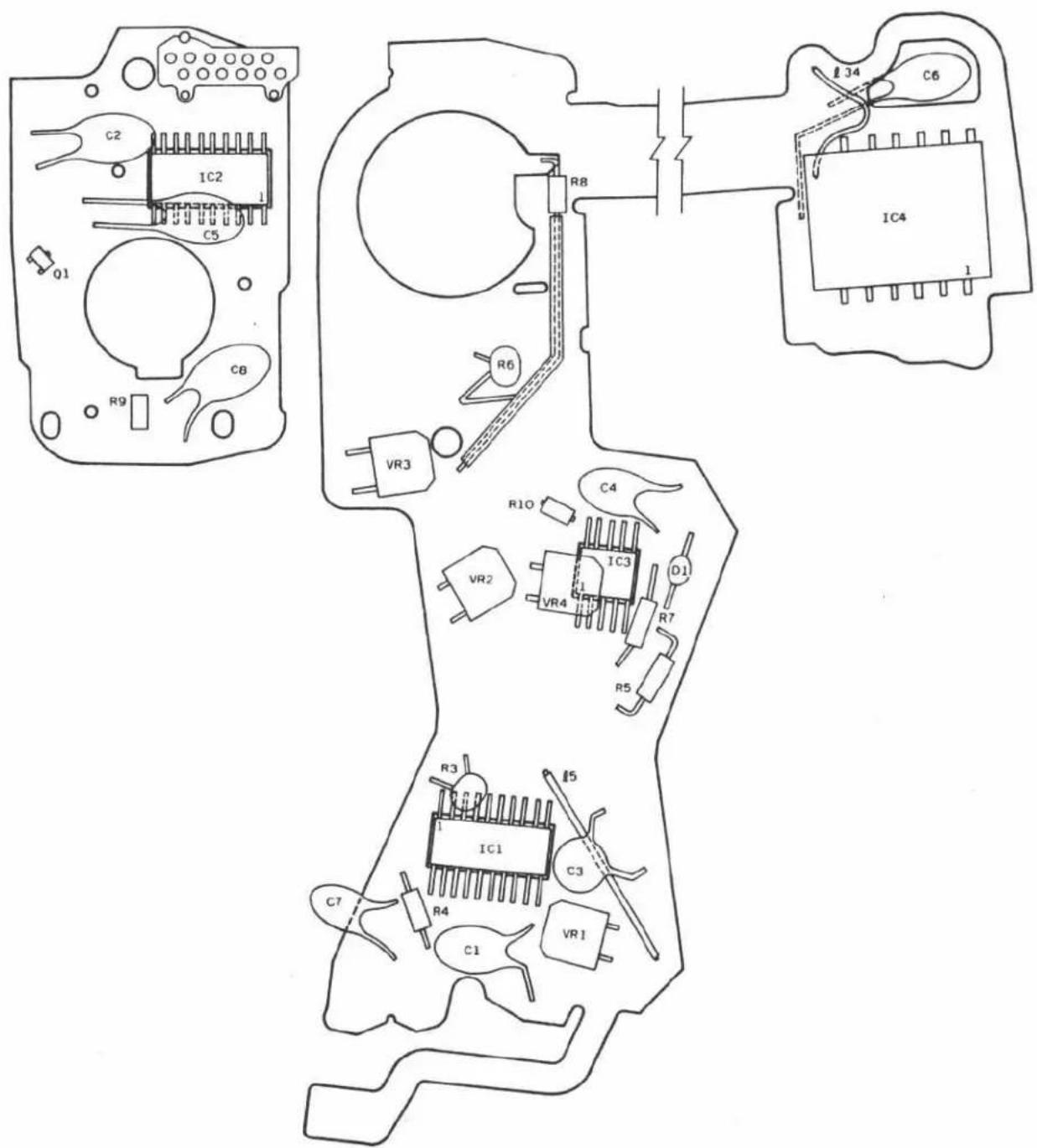 Technical schematic diagram of an electronic component layout with labeled pins and traces