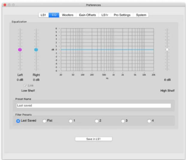 Preferences LS1 EQ Woolfers Gain Offsets LS1r Pro Settings System Equalization Left Right 0 dB 0 dB Link Low Shelf High Shelf Preset Name Last saved Filter Presets Last Saved Flat 1 2 3 4 Save in LS1