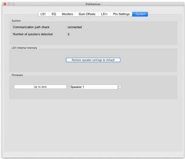 Preferences LS1 EQ Woolers Gain Offsets LS1r Pro Settings System System Communication path check connected Number of speakers detected 2 LS1 internal memory Restore speaker settings to default Firmware Up to date Speaker 1
