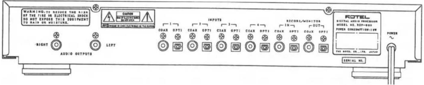 WARNING: TO REDUCE THE RISK OF THE FIRE OR ELECTRICAL SHOCK DO NOT EXPOSE THIS EQUIPMENT TO RAID OR MOISTURE. RIGHT AUDIO OUTPUTS LEFT CUSTOMER OFFICE NAME OF ODBC ELECTRIC/OF POI SYSTEM INPUTS COAX OPTI COAX OPTI COAX OPTI COAX OPTI IN OUT 1 2 3 4 5 6 7 8 9 10 11 12 13 14 15 16 17 18 19 20 21 22 23 24 25 26 27 28 29 30 31 32 33 34 35 36 37 38 39 40 41 42 43 44 45 46 47 48 49 50 51 52 53 54 55 56 57 58 59 60 ROTTEL DIGITAL AUDIO PROCESSOR MODEL NO. REP=880 POWER CONSUMPTION:1W TOL ROTTEL, CR., LTD. JAPAN SERIAL NO. POWER ~