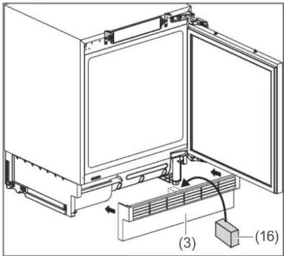 Technical diagram of a refrigerator with labeled parts and directional arrows indicating assembly or installation