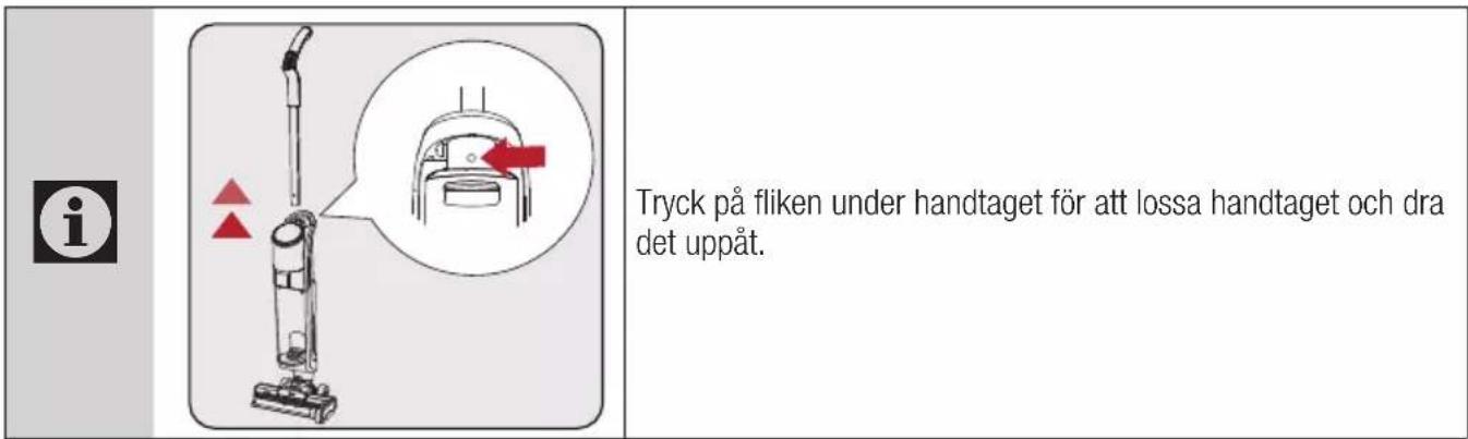 i Tryck på fliken under handtaget för att lossa handtaget och dra det uppåt.