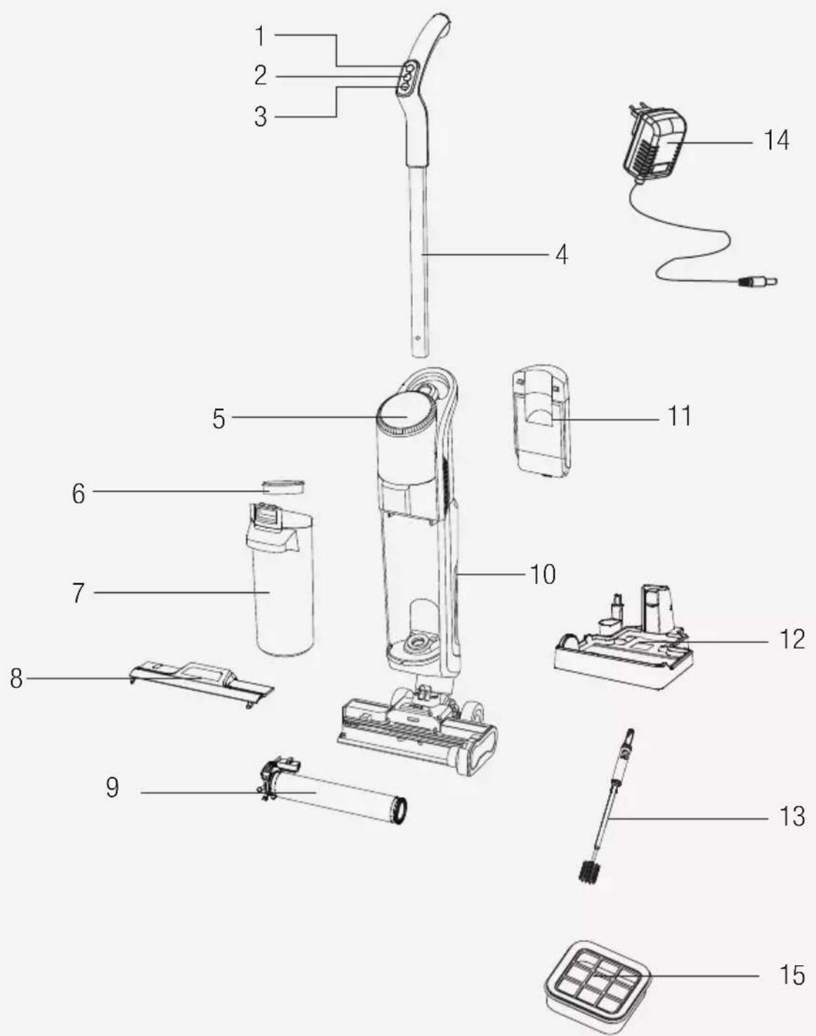 Exploded diagram of a vacuum cleaner with numbered parts for identification