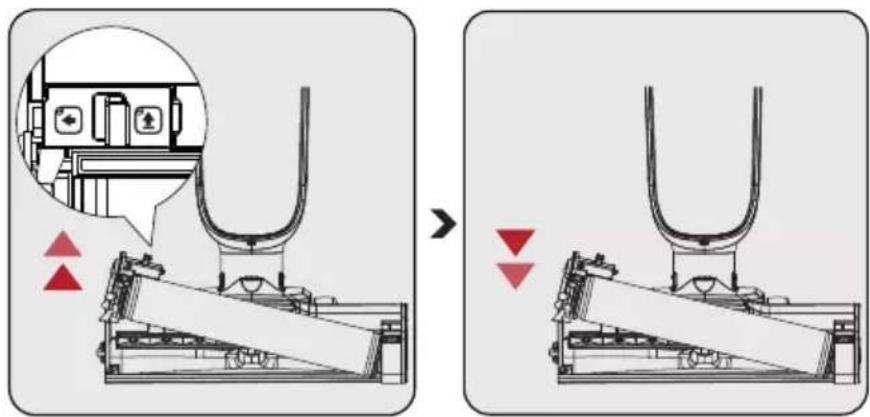 Technical diagram showing a mechanical assembly before and after installation, with red arrows indicating downward motion or change.