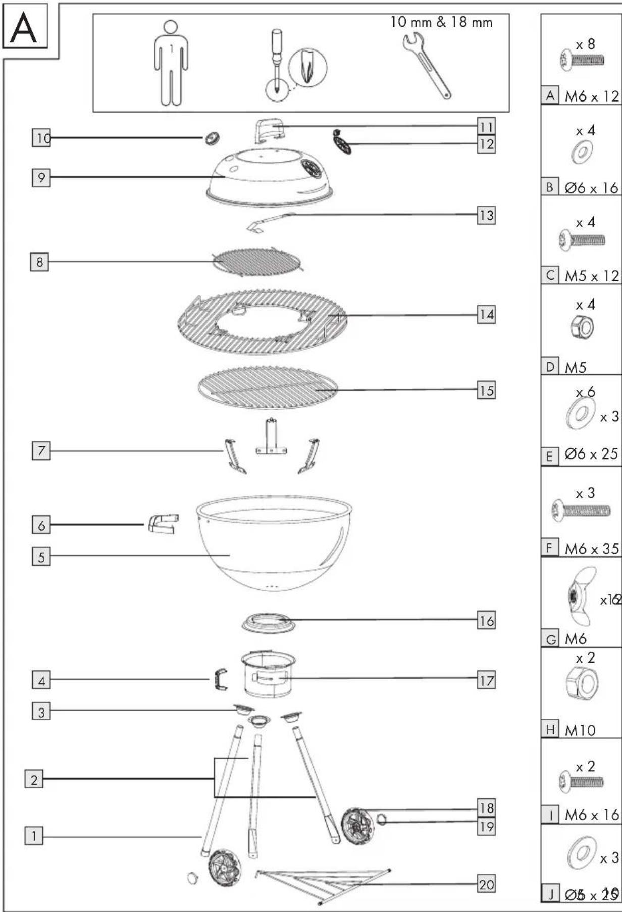 A 10 mm & 18 mm 10 11 x 8 A M6 x 12 12 x 4 9 13 B Ø6 x 16 8 x 4 C M5 x 12 14 x 4 7 15 D M5 x 6 x 3 E Ø6 x 25 6 x 3 5 M6 x 35 ... 16 G M6 x 2 4 17 3 2 18 H M10 x 2 I M6 x 16 19 J Ø6 x 20 20