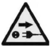 Warning sign depicting electrical hazard with current direction and plug symbol