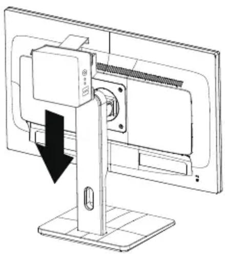 Technische Strichzeichnung eines Computermonitors mit einem schwarzen Pfeil nach unten, der auf eine Komponente hinweist (ohne Text oder Symbole)