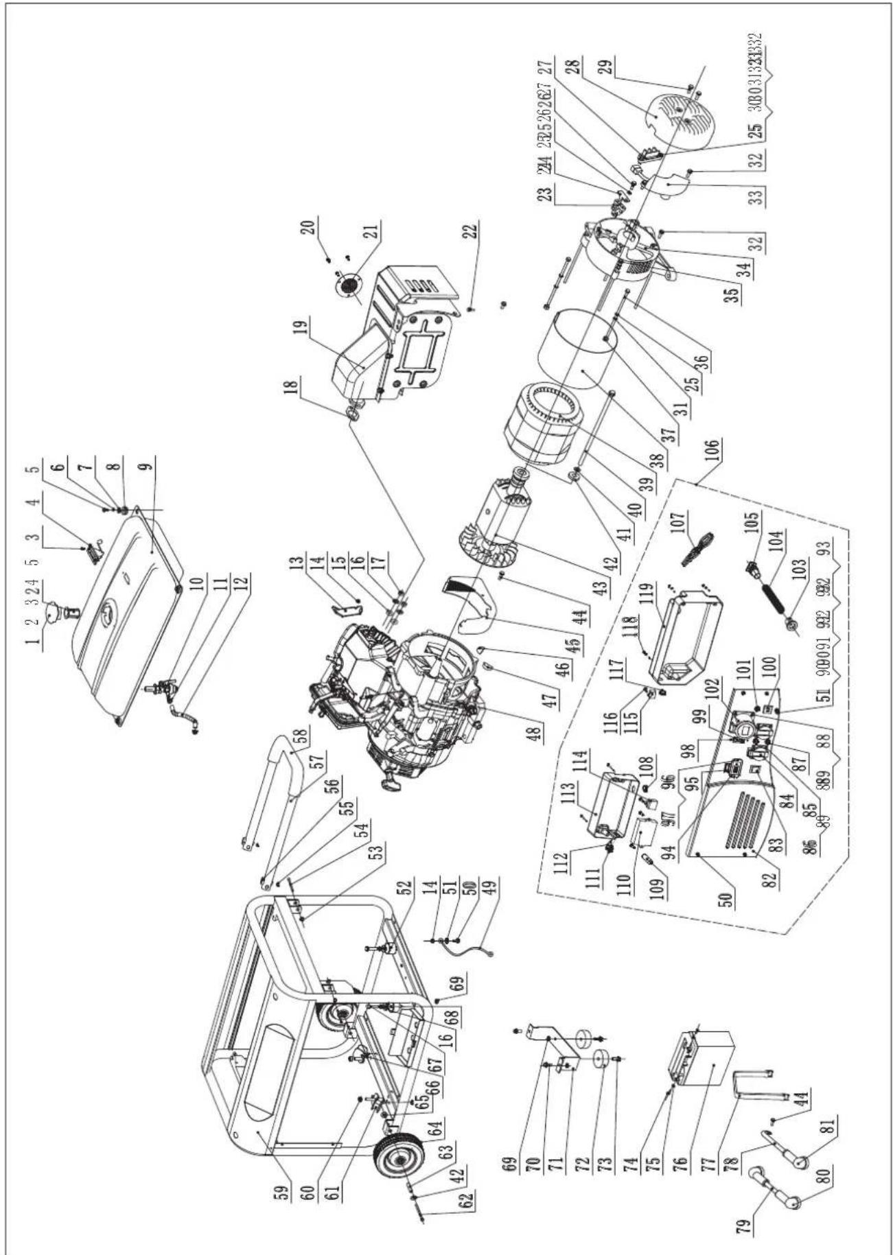 Technical schematic diagram of a vehicle's internal components with numbered parts and labeled parts