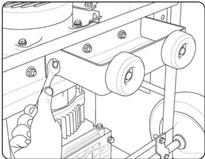 Technical line drawing of a mechanical assembly with pulleys and bolts (no text or symbols)