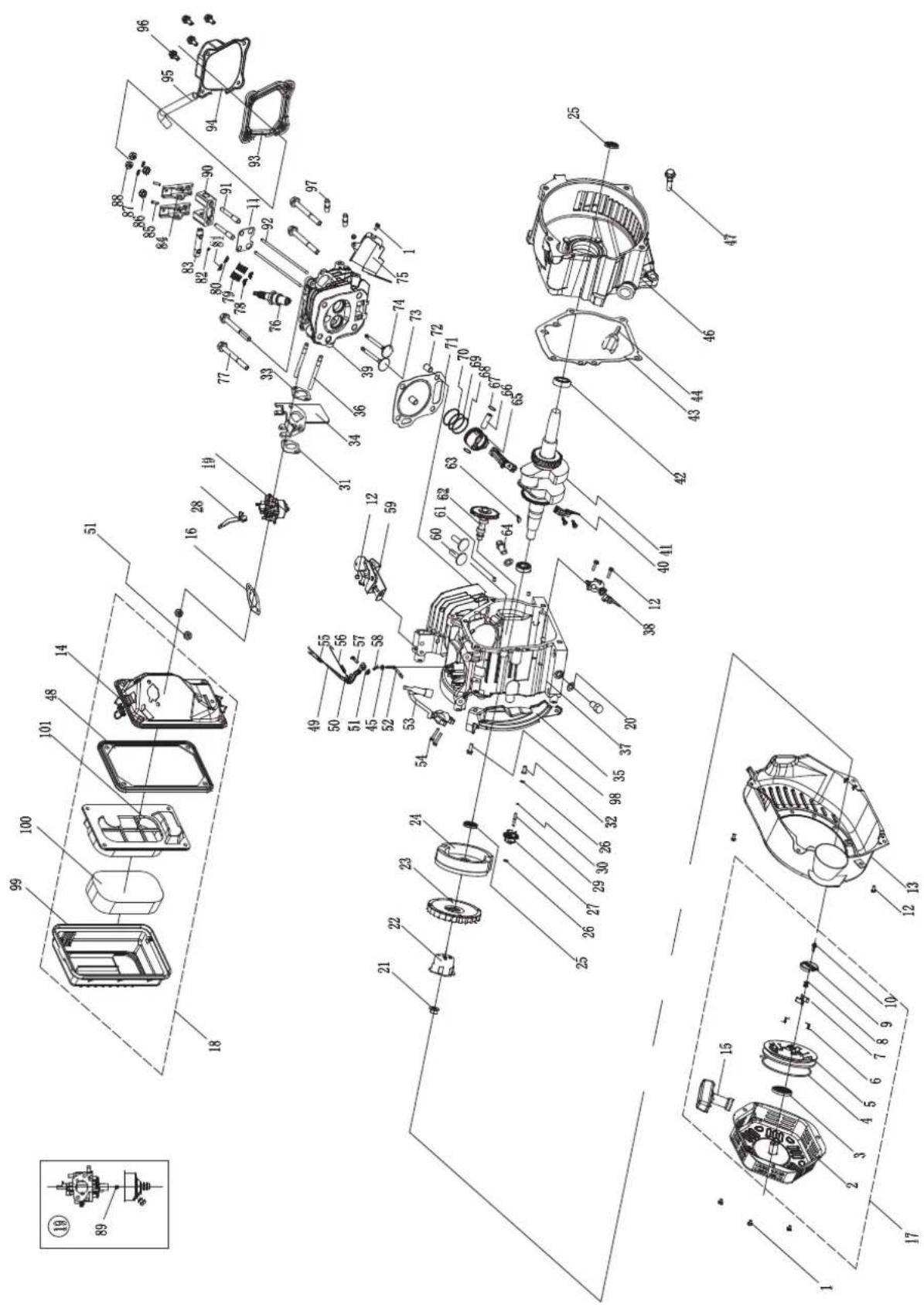 Exploded view diagram of a mechanical assembly with numbered components and exploded views