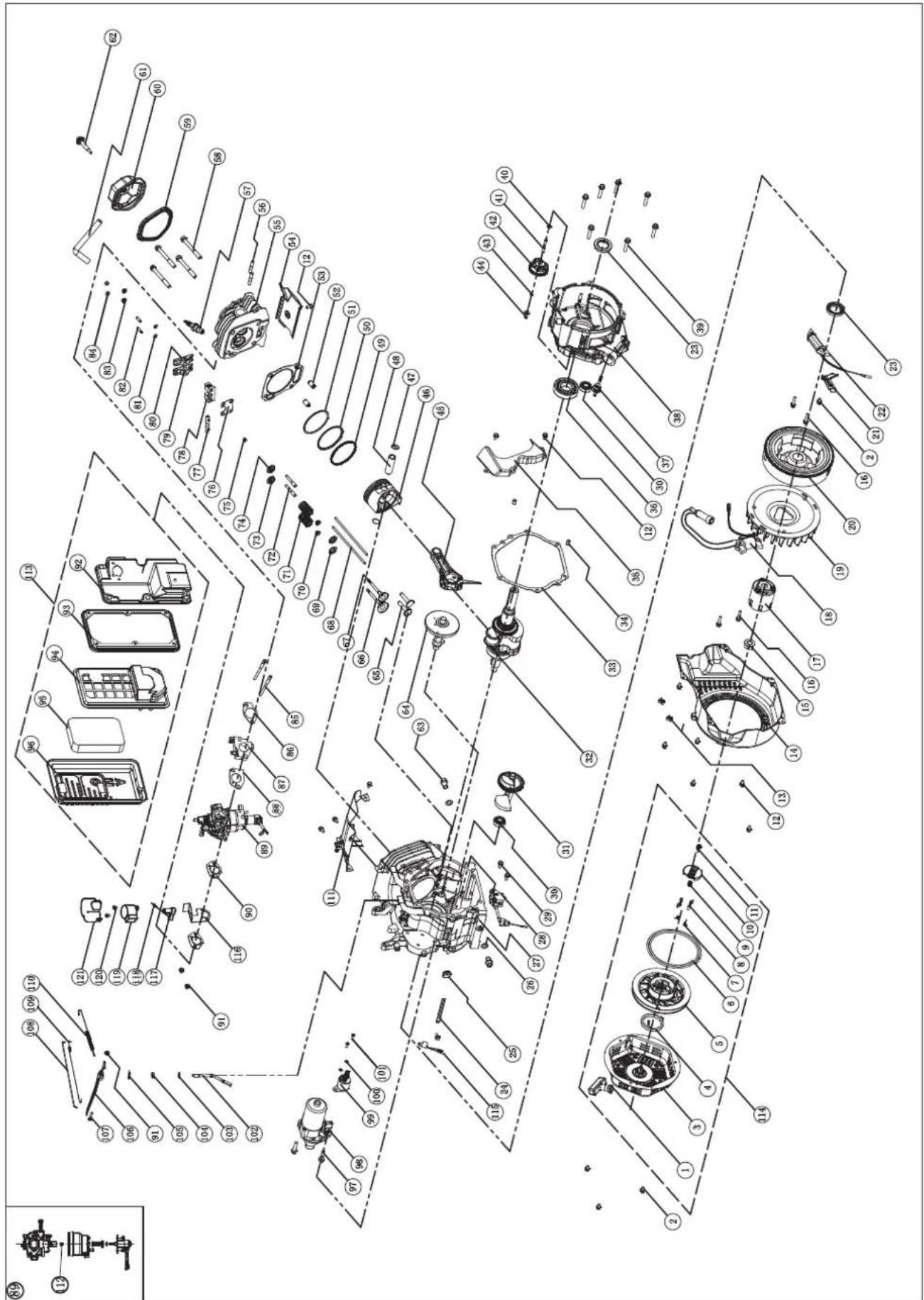 Exploded view diagram of a mechanical assembly with numbered components and exploded views