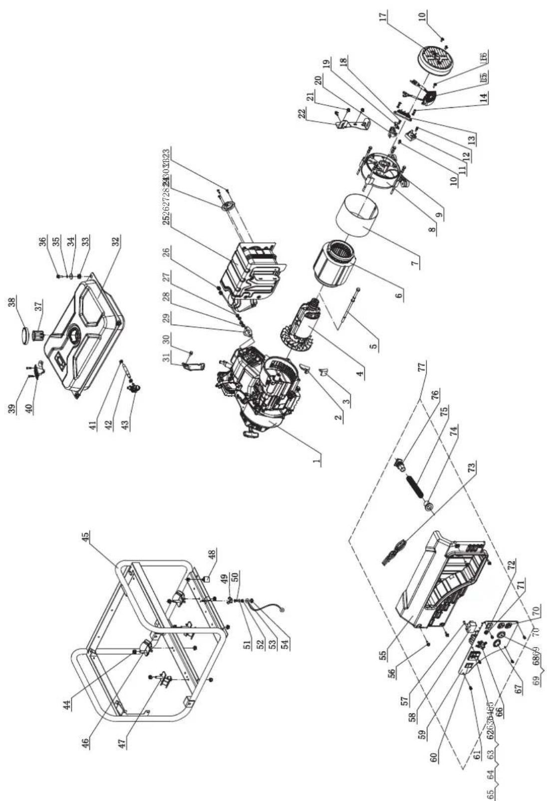 Technical diagram of a mechanical assembly with numbered components and exploded views
